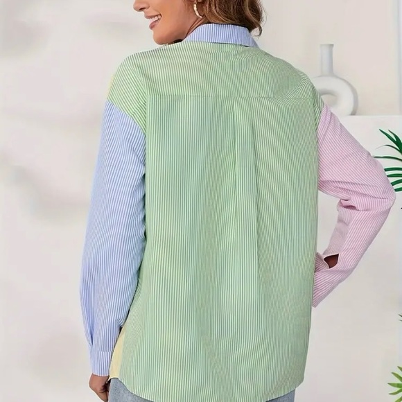 Long Sleeve Striped Print Color Block Shirt, Large - Picture 3 of 4